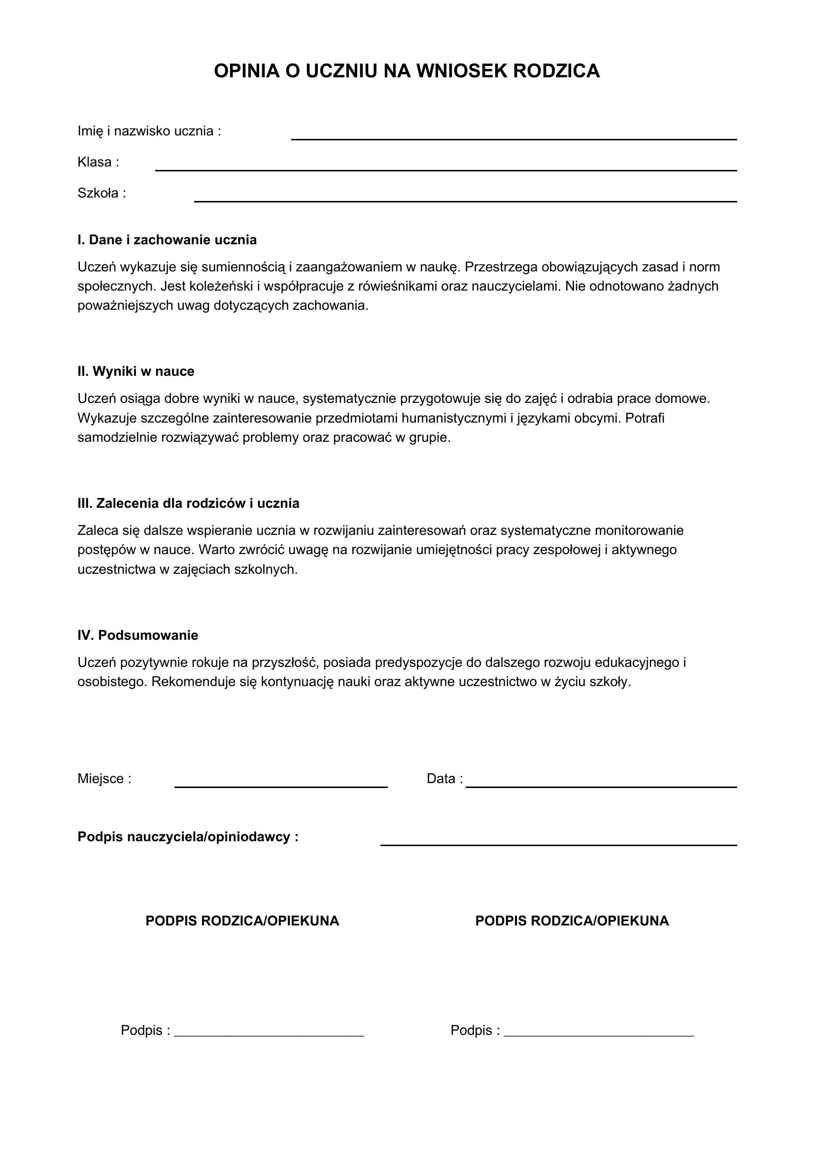 Opinia O Uczniu Na Wniosek Rodzica Przykład