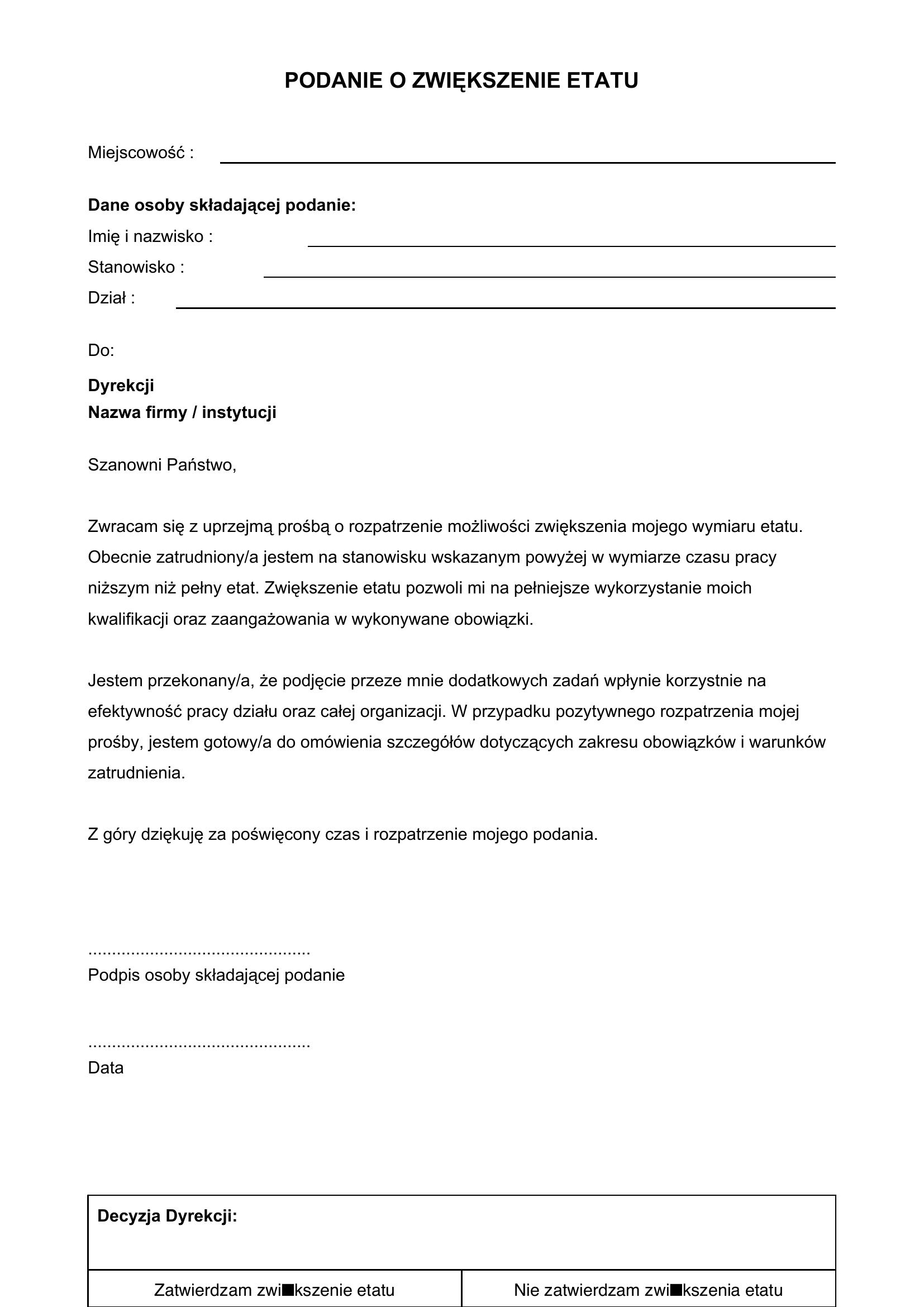 Podanie O Zwiększenie Etatu