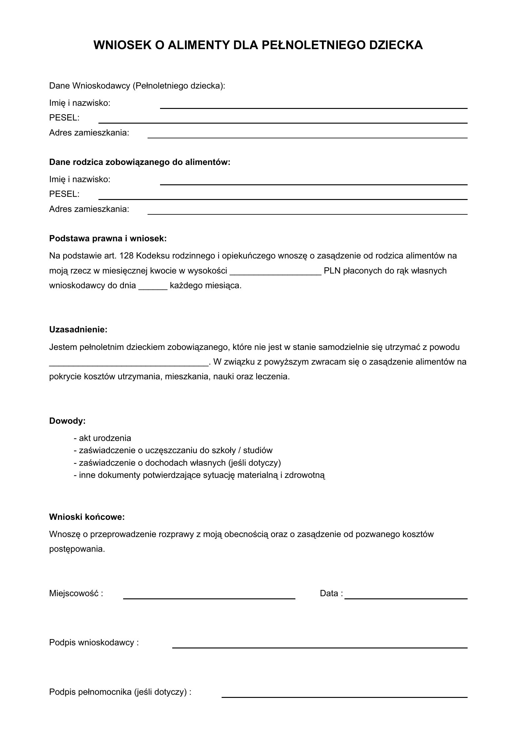 Wniosek O Alimenty Dla Pełnoletniego Dziecka Wzór