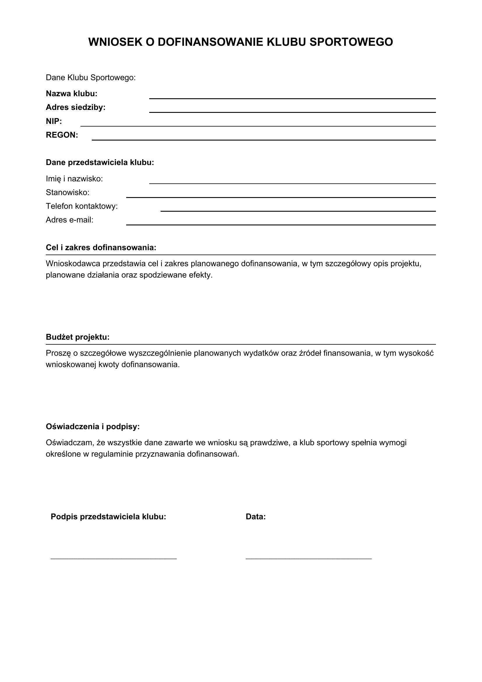 Wniosek O Dofinansowanie Klubu Sportowego Wzór