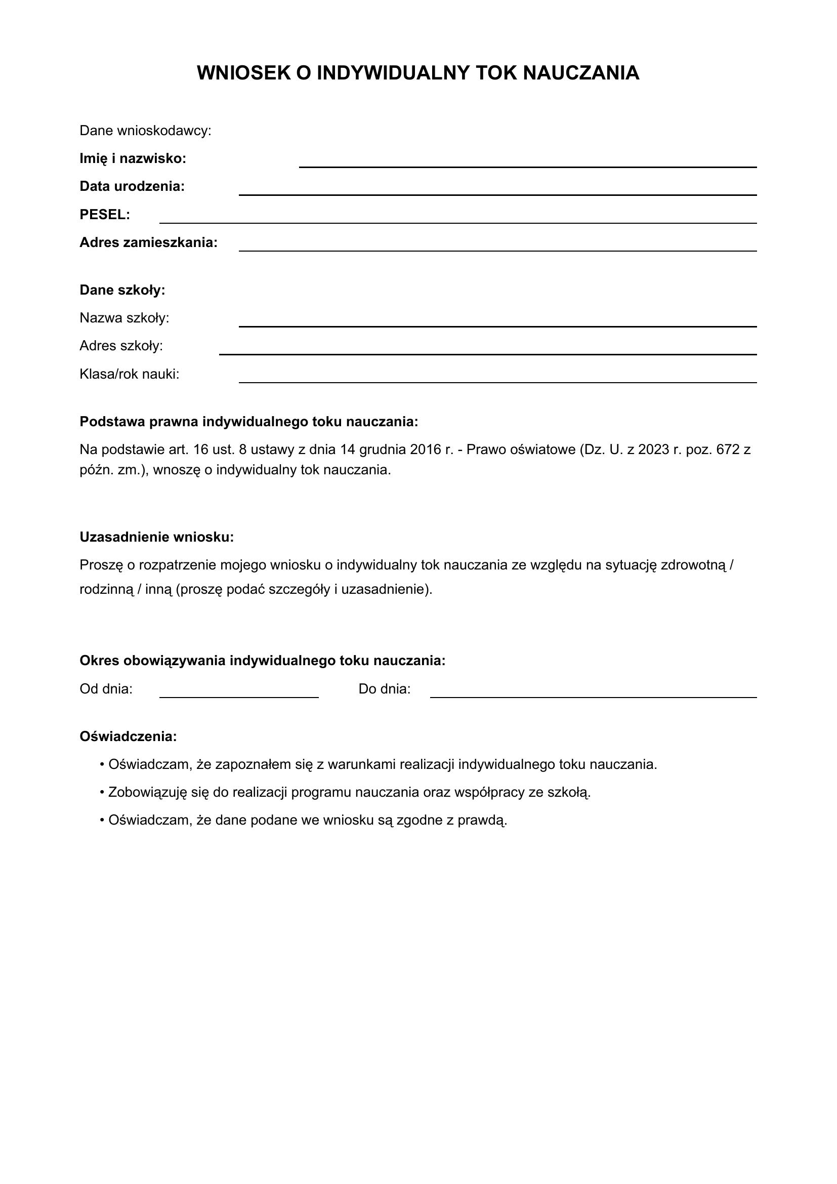 Wniosek O Indywidualny Tok Nauczania Wzór
