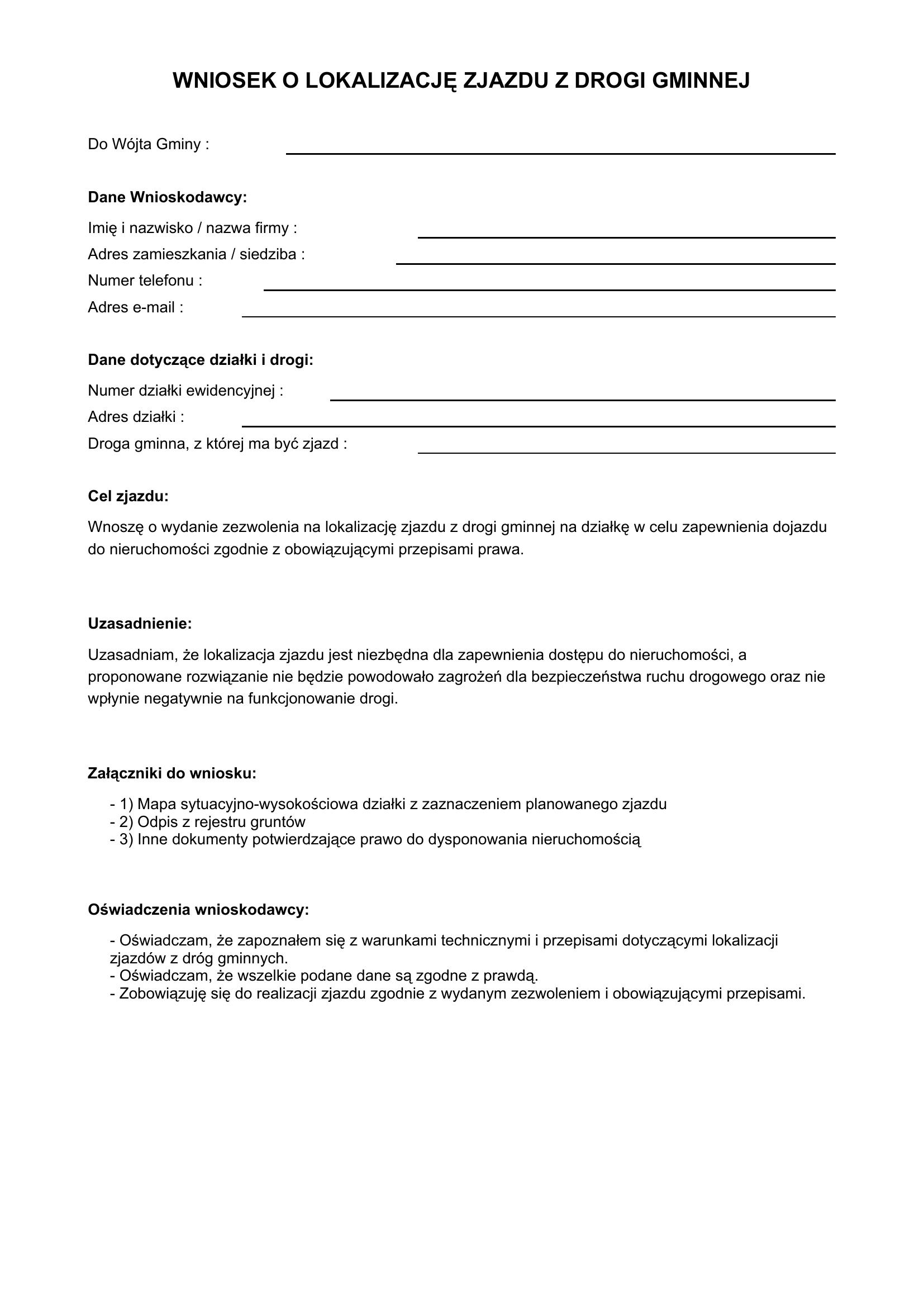 Wniosek O Lokalizację Zjazdu Z Drogi Gminnej Wzór