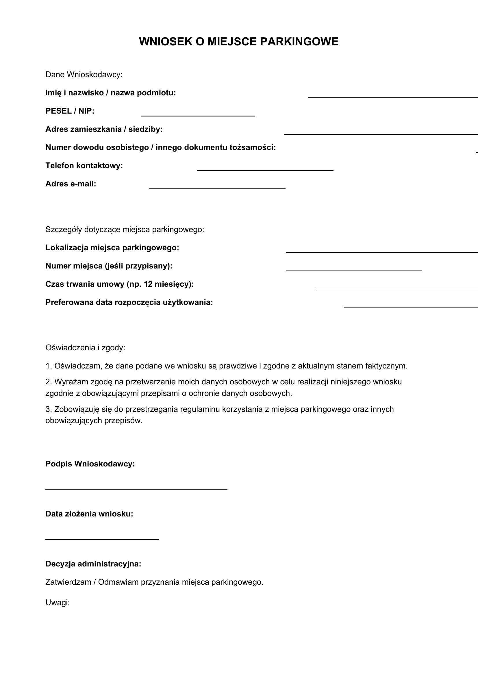 Wniosek O Miejsce Parkingowe Wzór