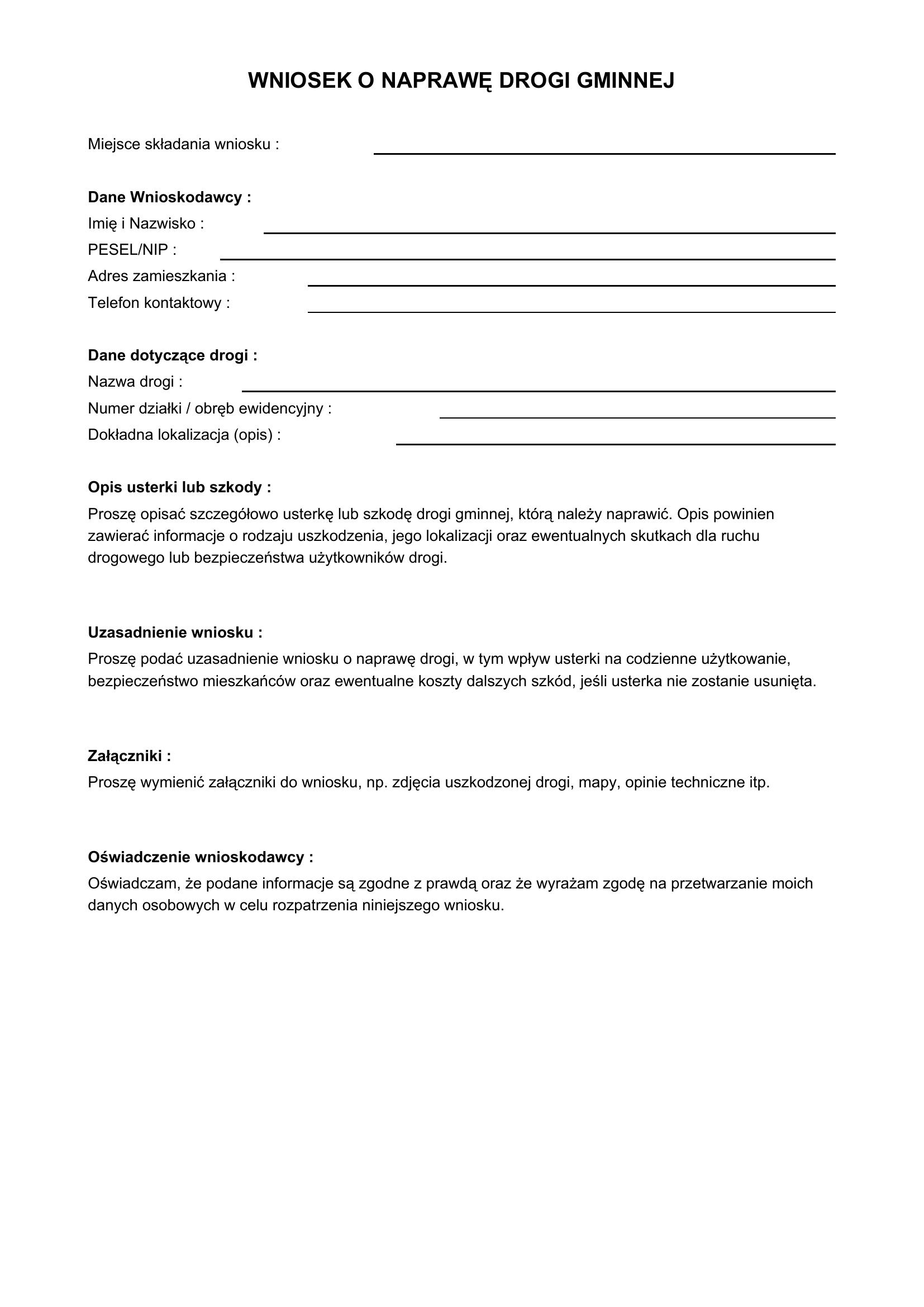 Wniosek O Naprawę Drogi Gminnej Wzór