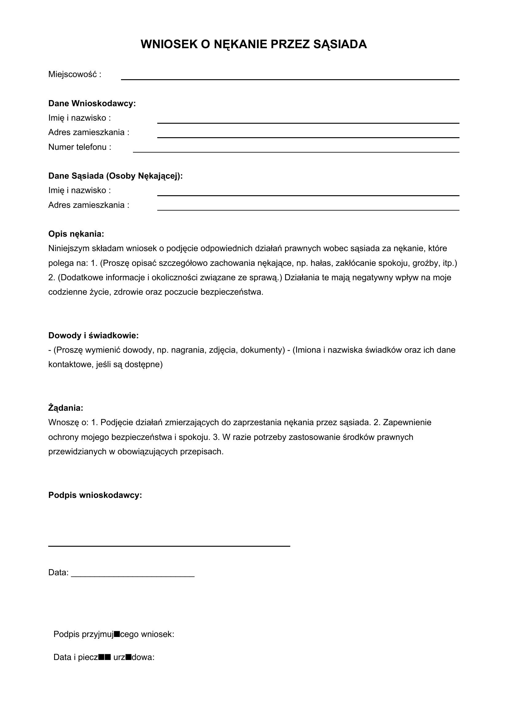 Wniosek O Nękanie Przez Sąsiada Wzór