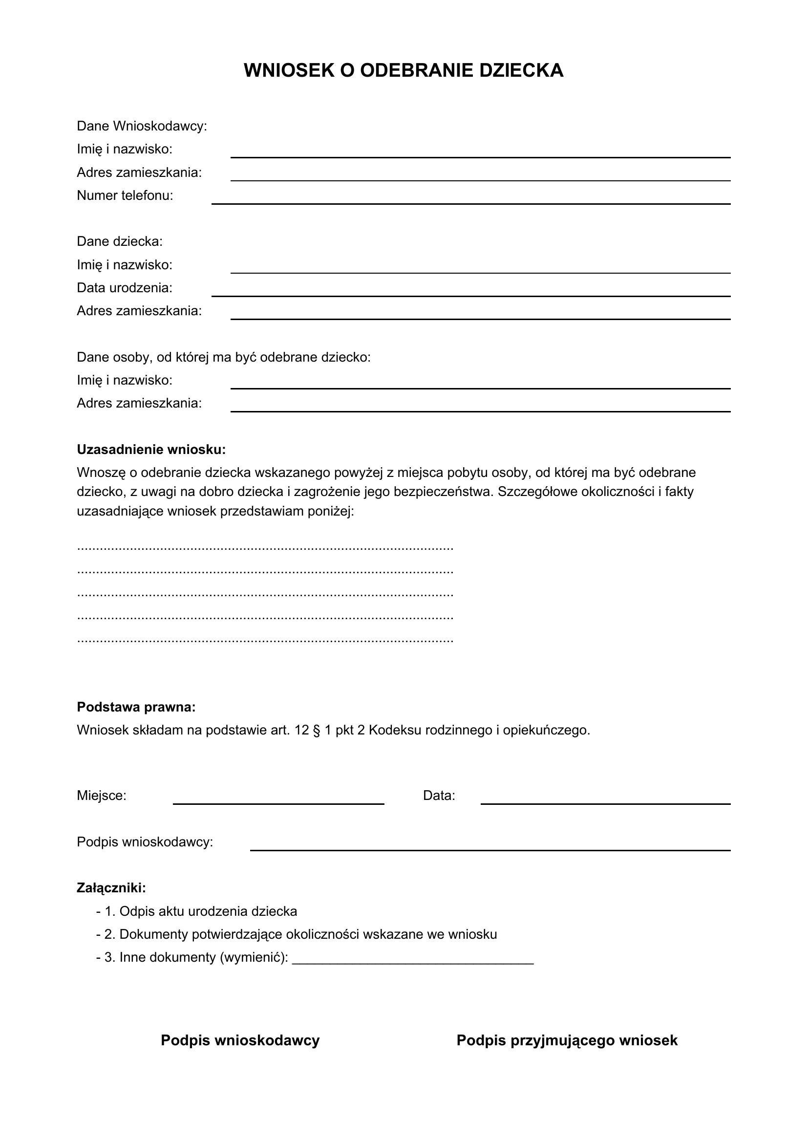 Wniosek O Odebranie Dziecka Wzór