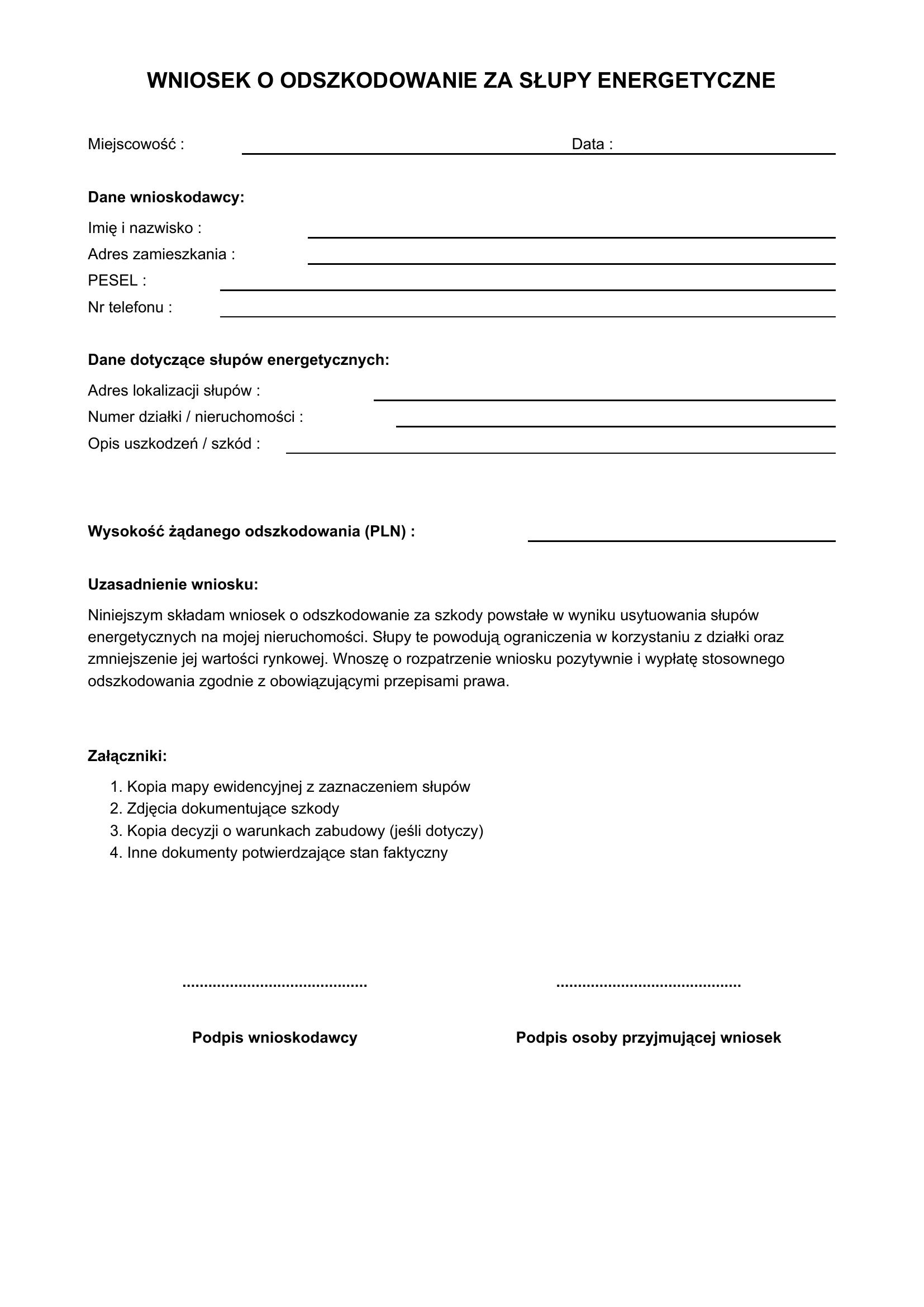 Wniosek O Odszkodowanie Za Słupy Energetyczne Wzór