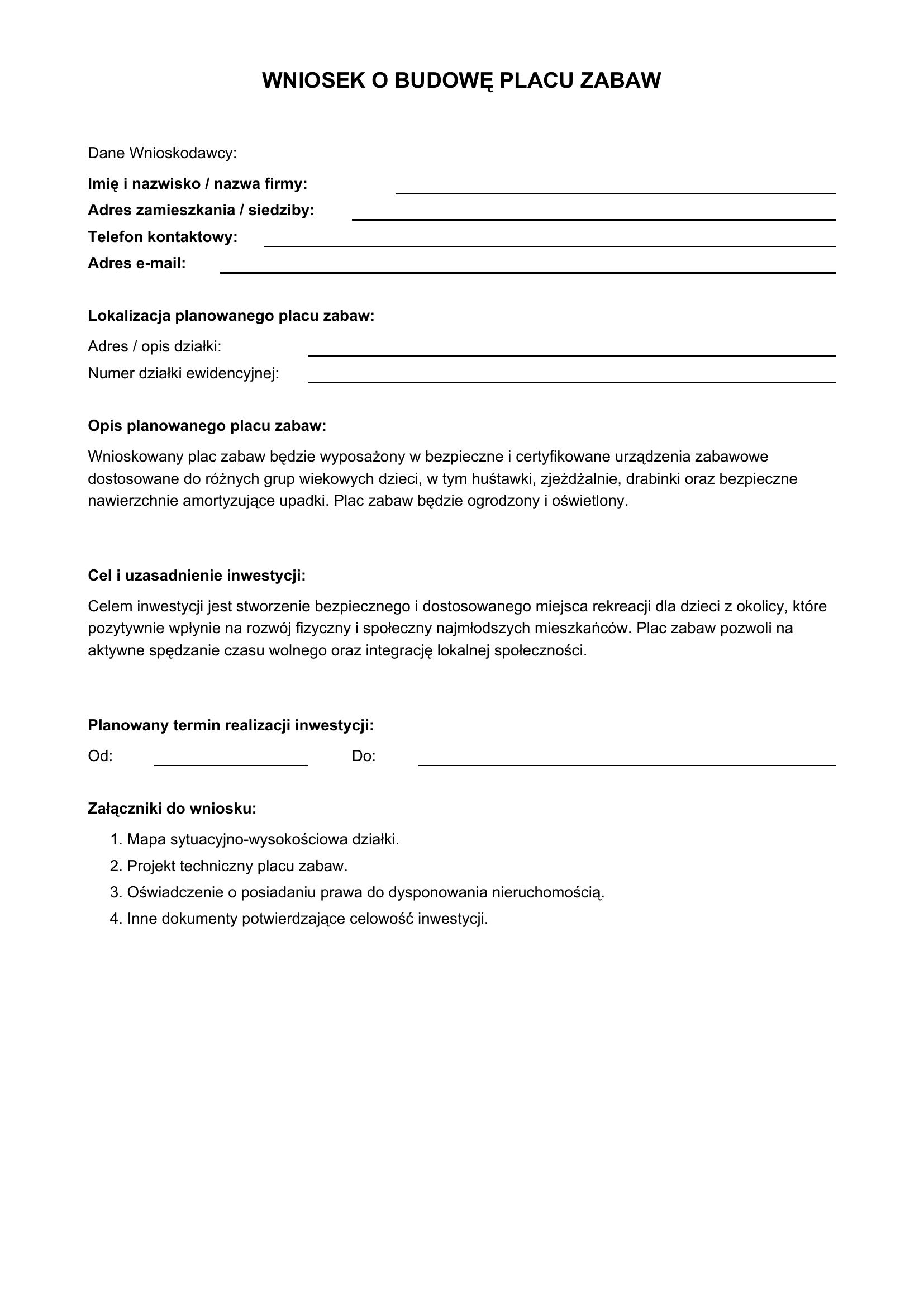 Wniosek O Plac Zabaw Wzór