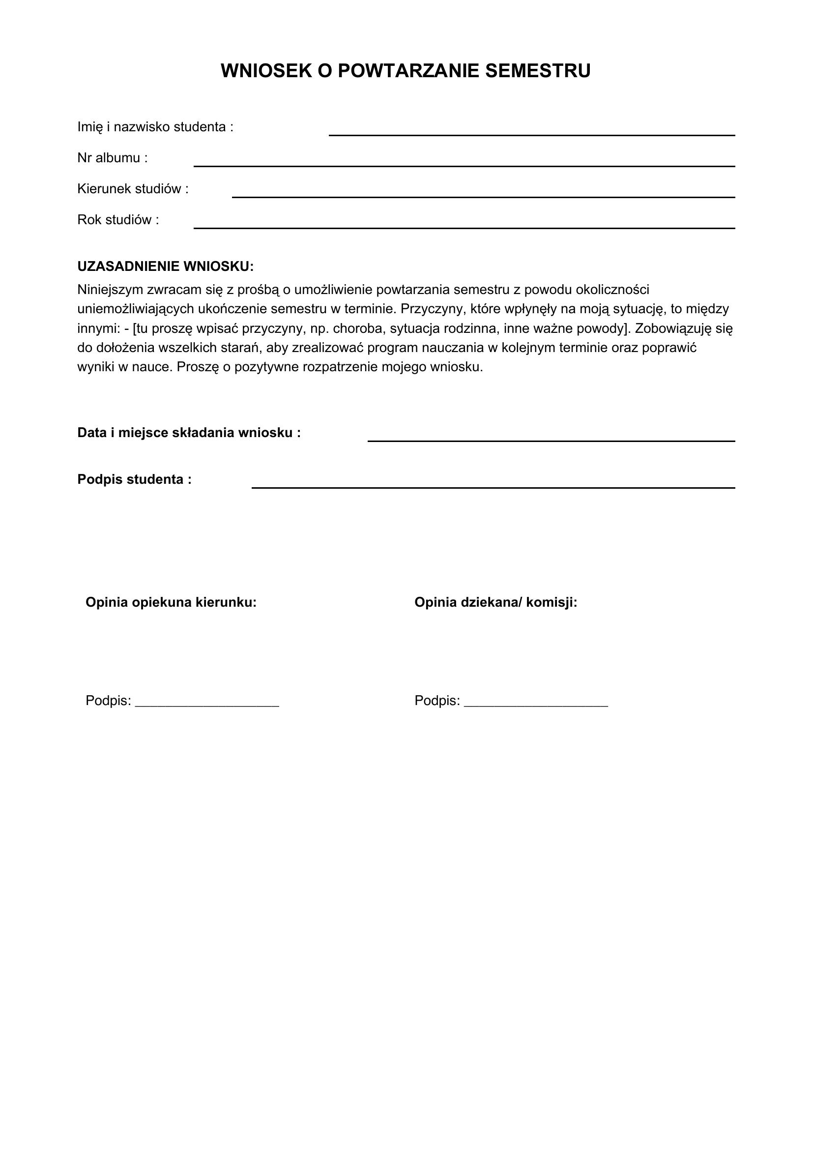 Wniosek O Powtarzanie Semestru Uzasadnienie