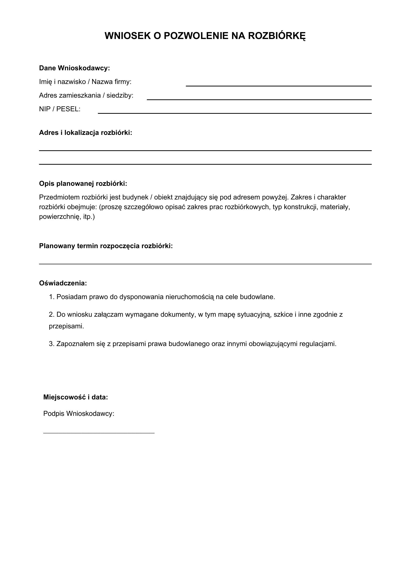 Wniosek O Pozwolenie Na Rozbiórkę Wzór Wypełniony