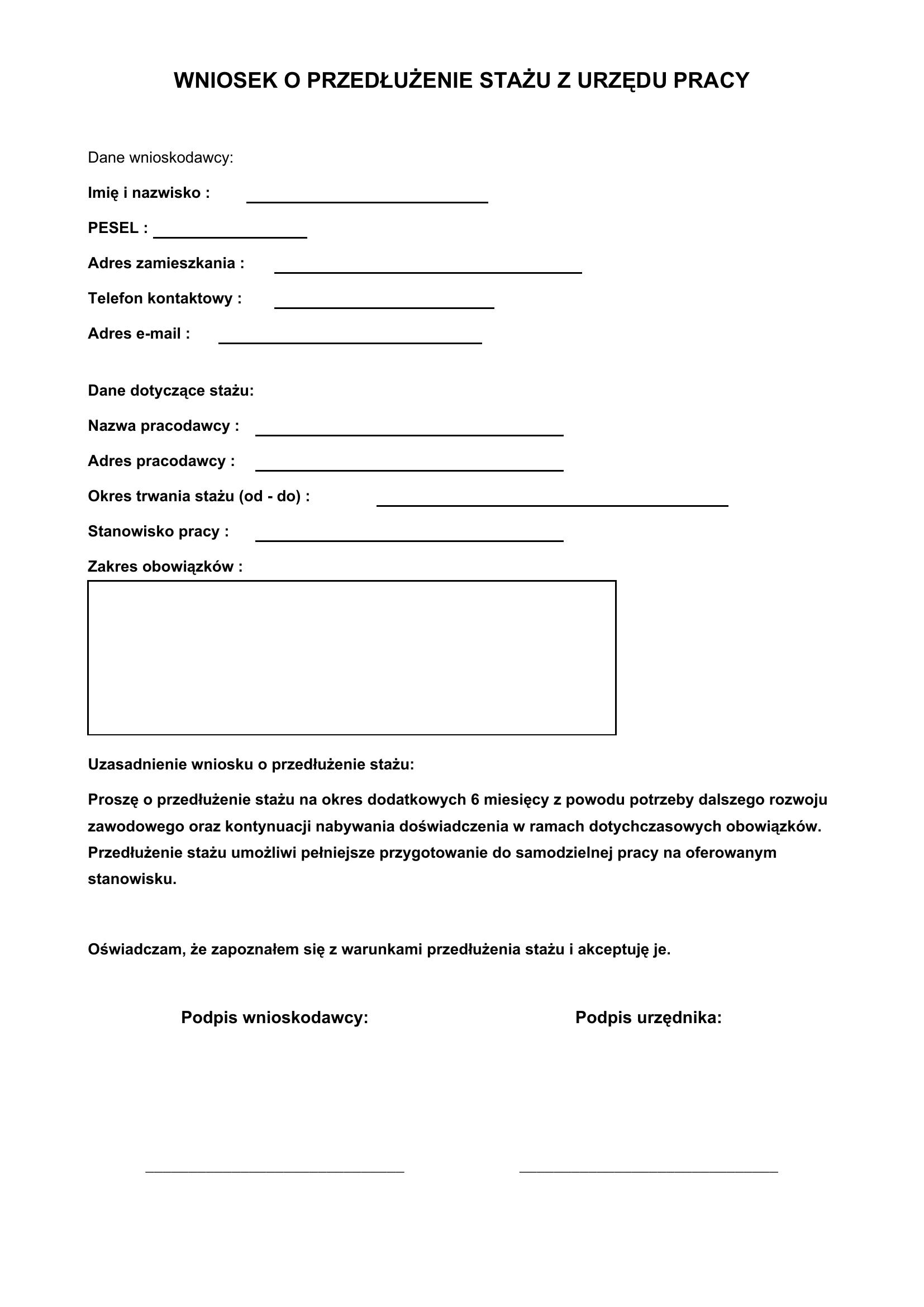Wniosek O Przedłużenie Stażu Z Urzędu Pracy