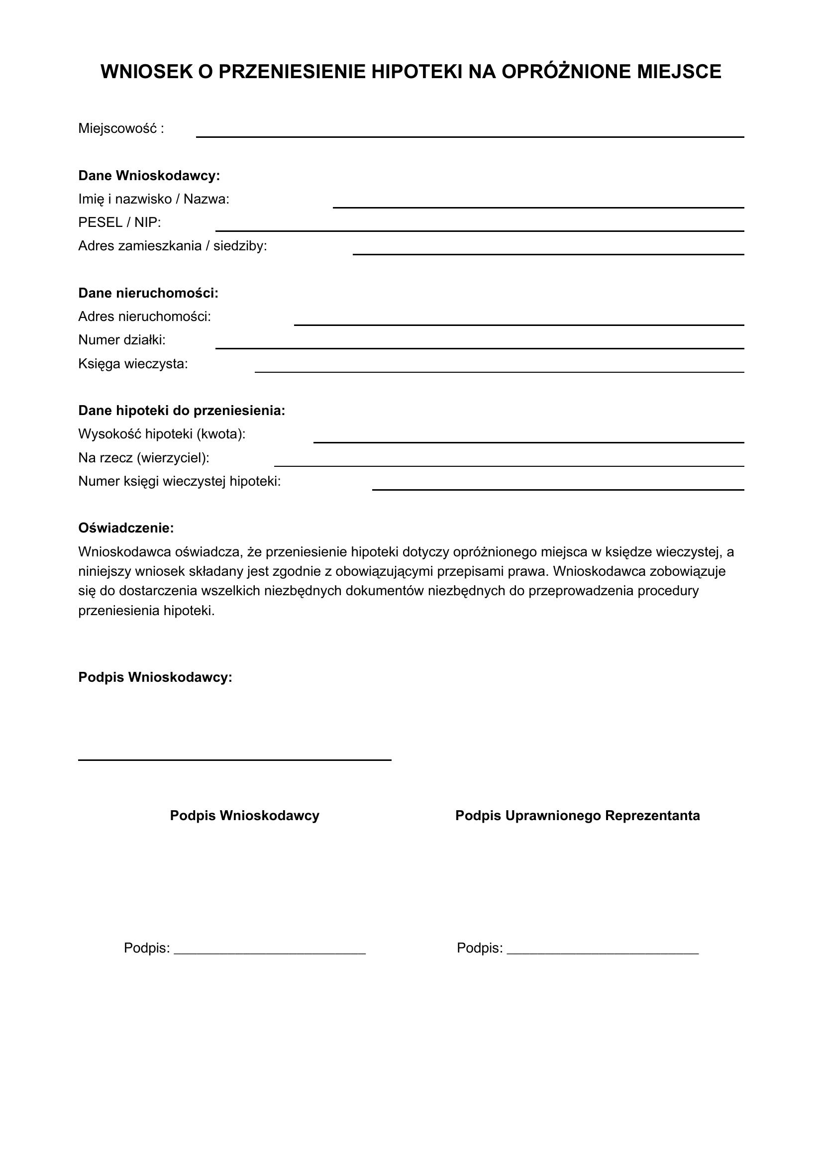 Wniosek O Przeniesienie Hipoteki Na Opróżnione Miejsce Wzór