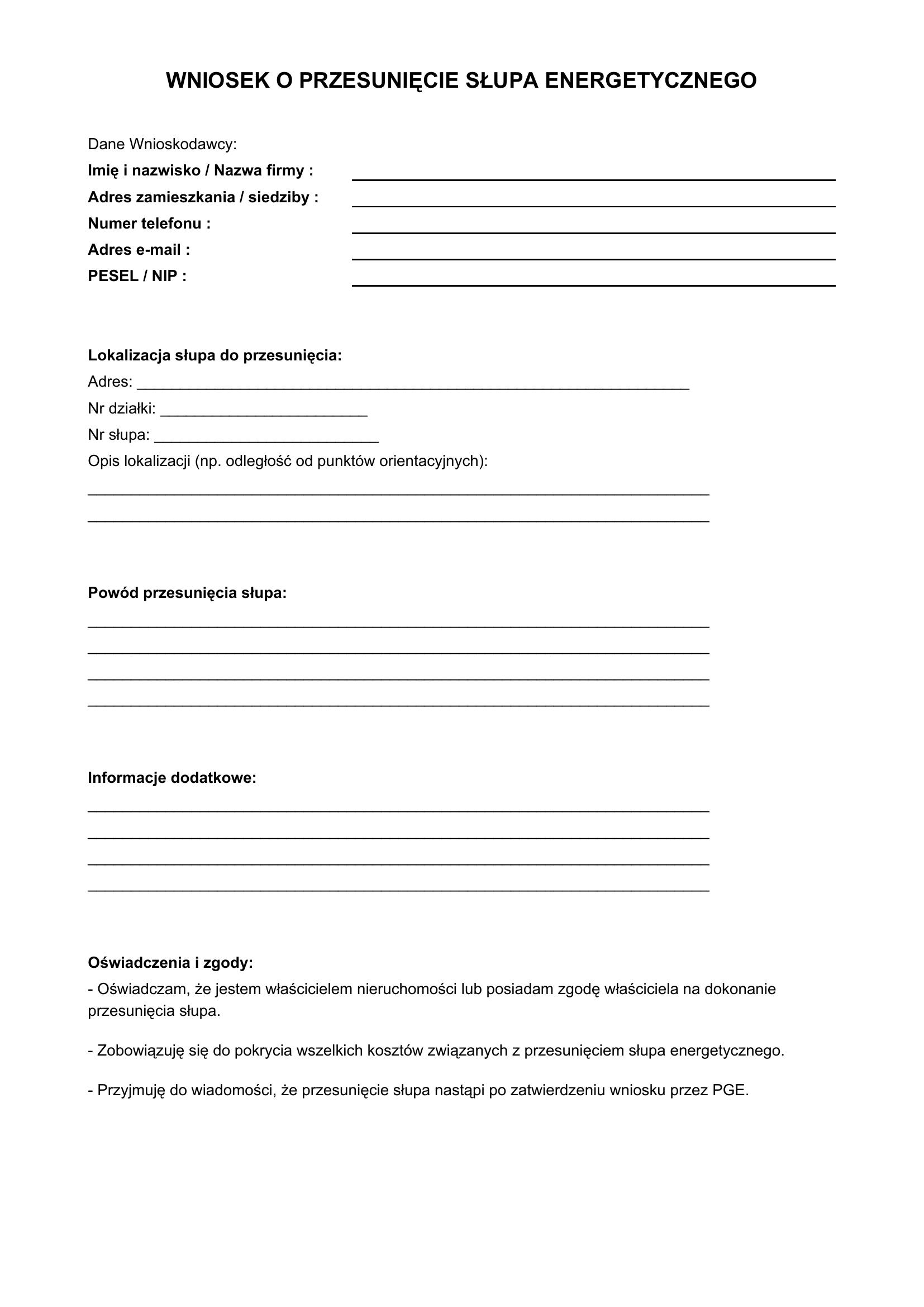Wniosek O Przesunięcie Słupa Energetycznego Wzór Pge