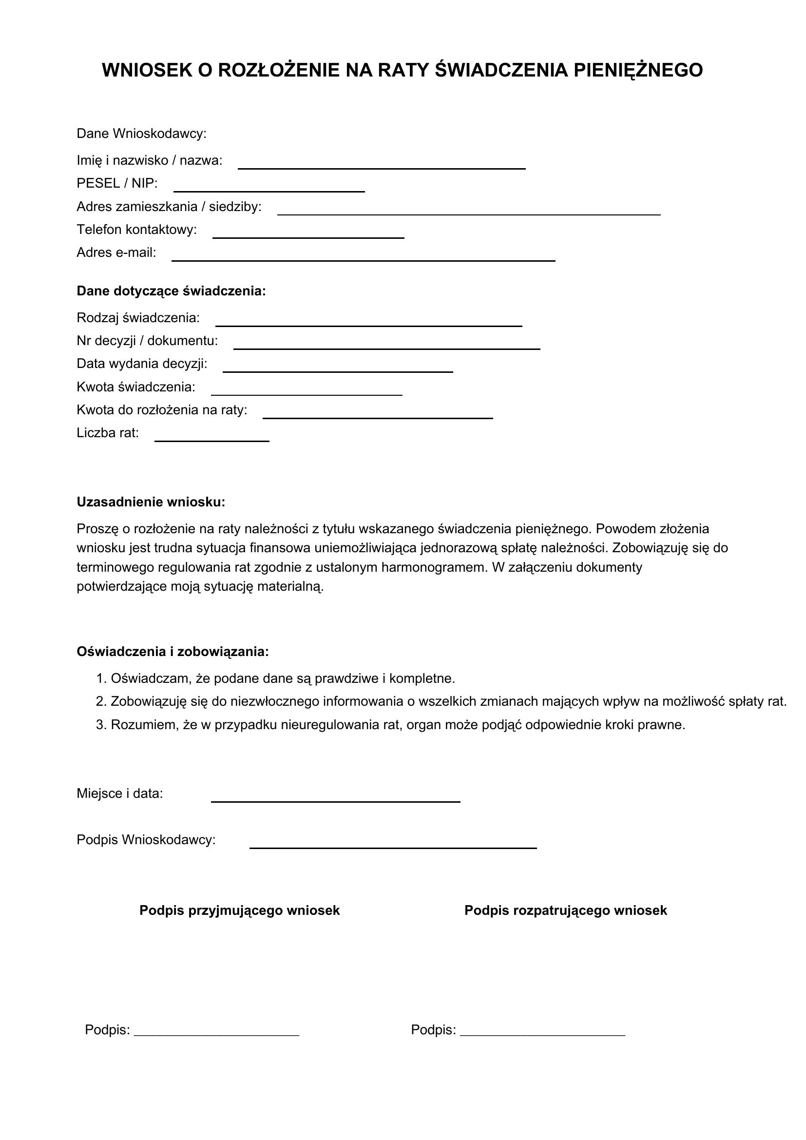 Wniosek O Rozłożenie Na Raty Świadczenia Pieniężnego Wzór