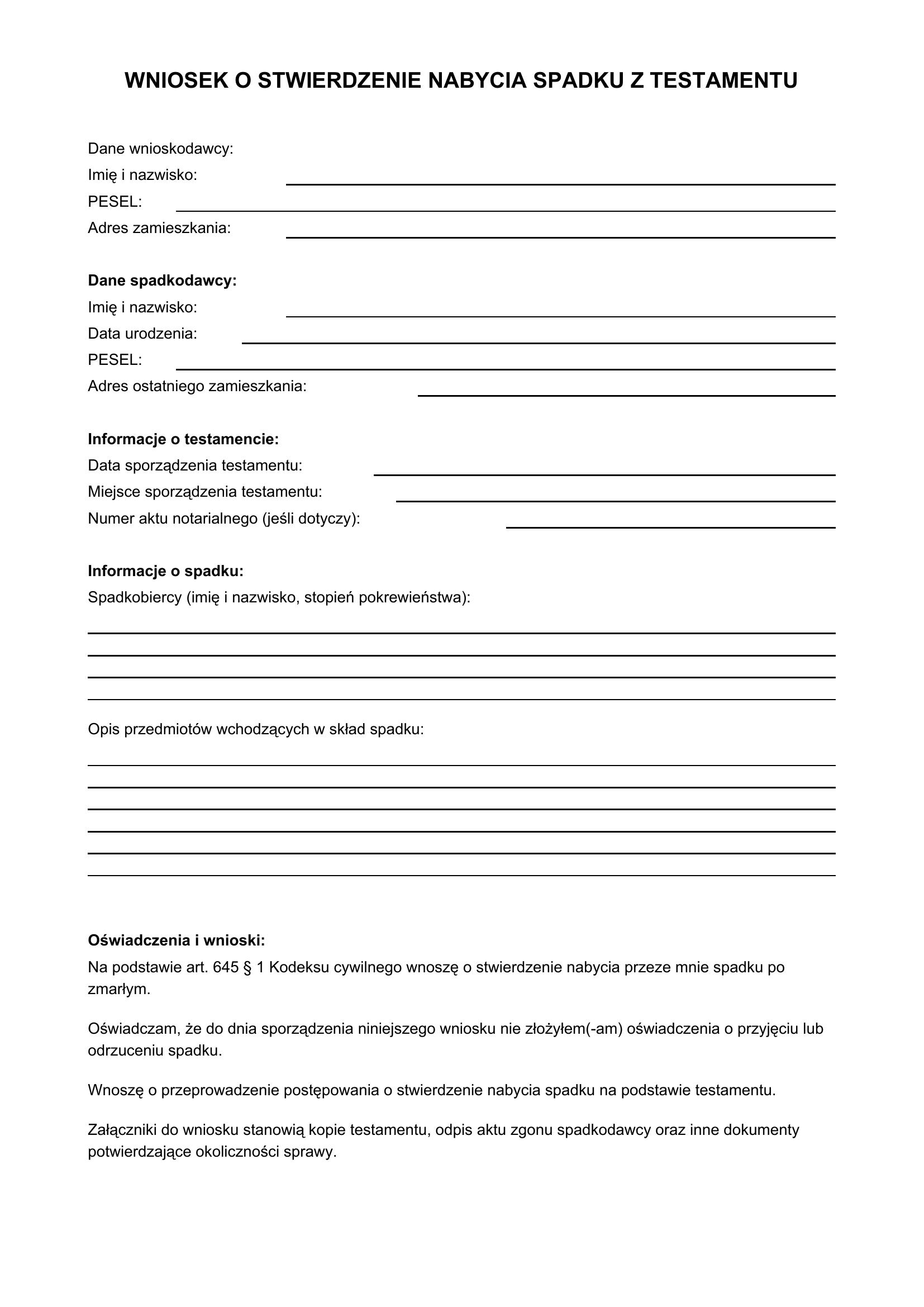 Wniosek O Stwierdzenie Nabycia Spadku Z Testamentu Wzór