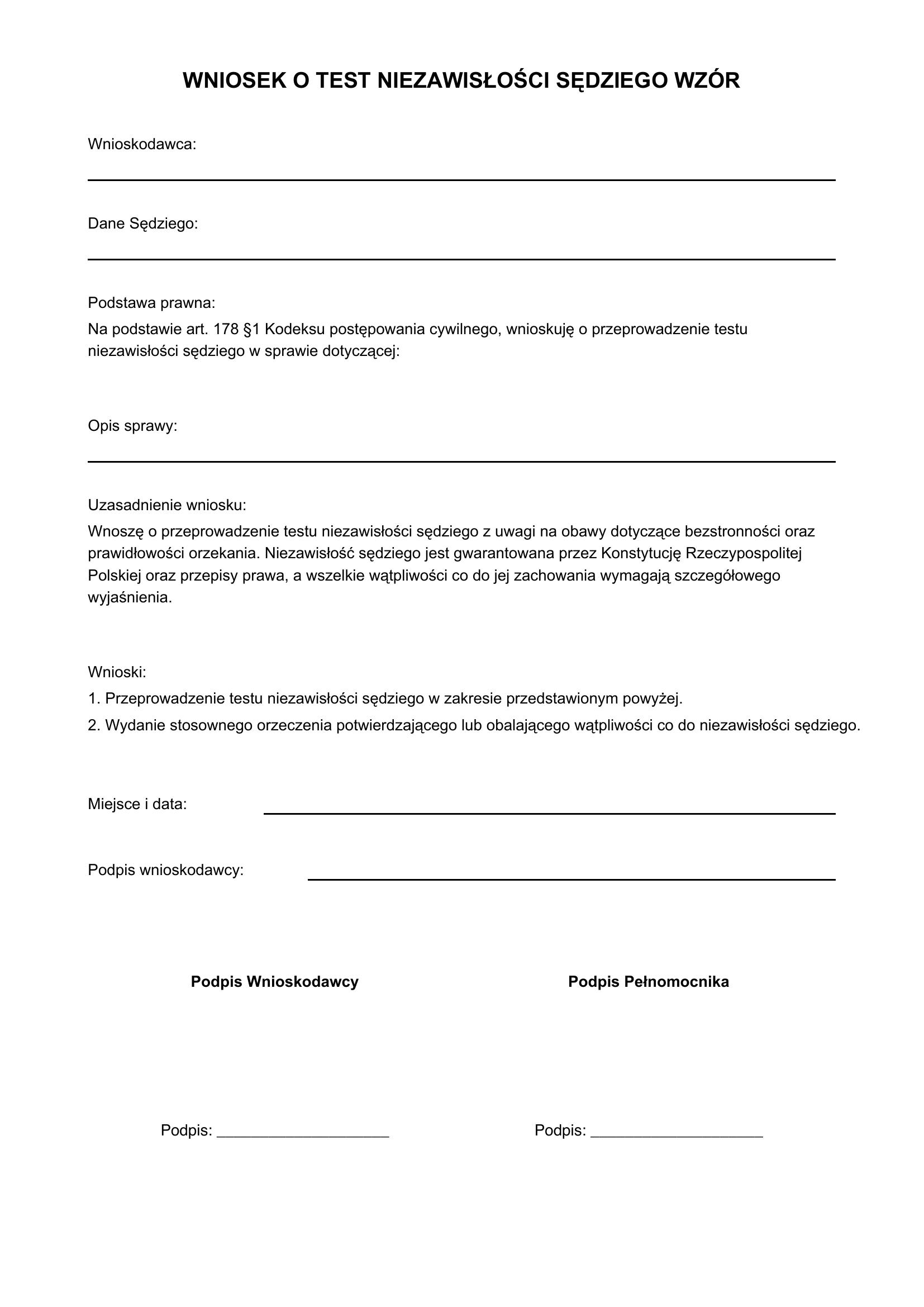 Wniosek O Test Niezawisłości Sędziego Wzór