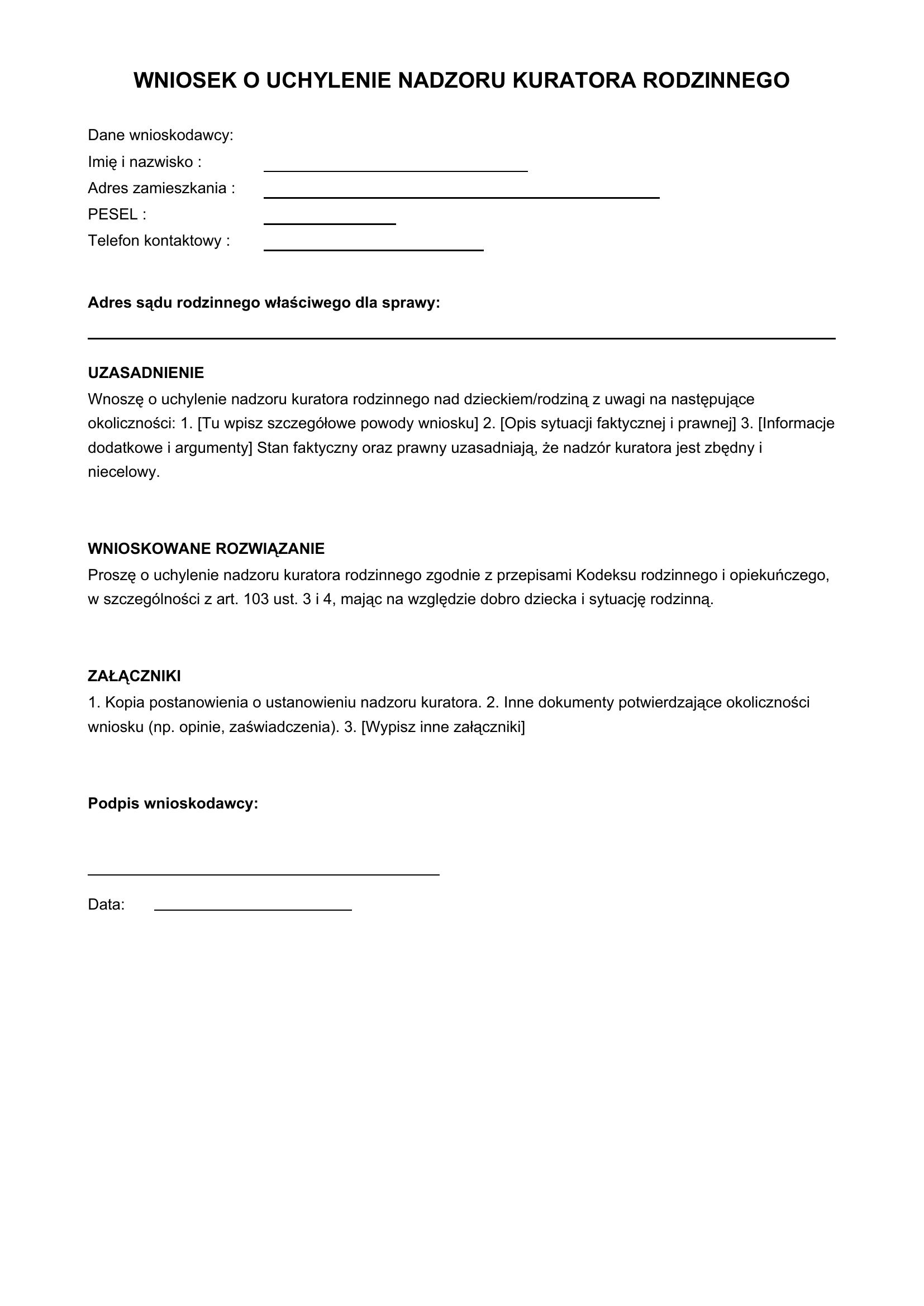 Wniosek O Uchylenie Nadzoru Kuratora Rodzinnego Wzór