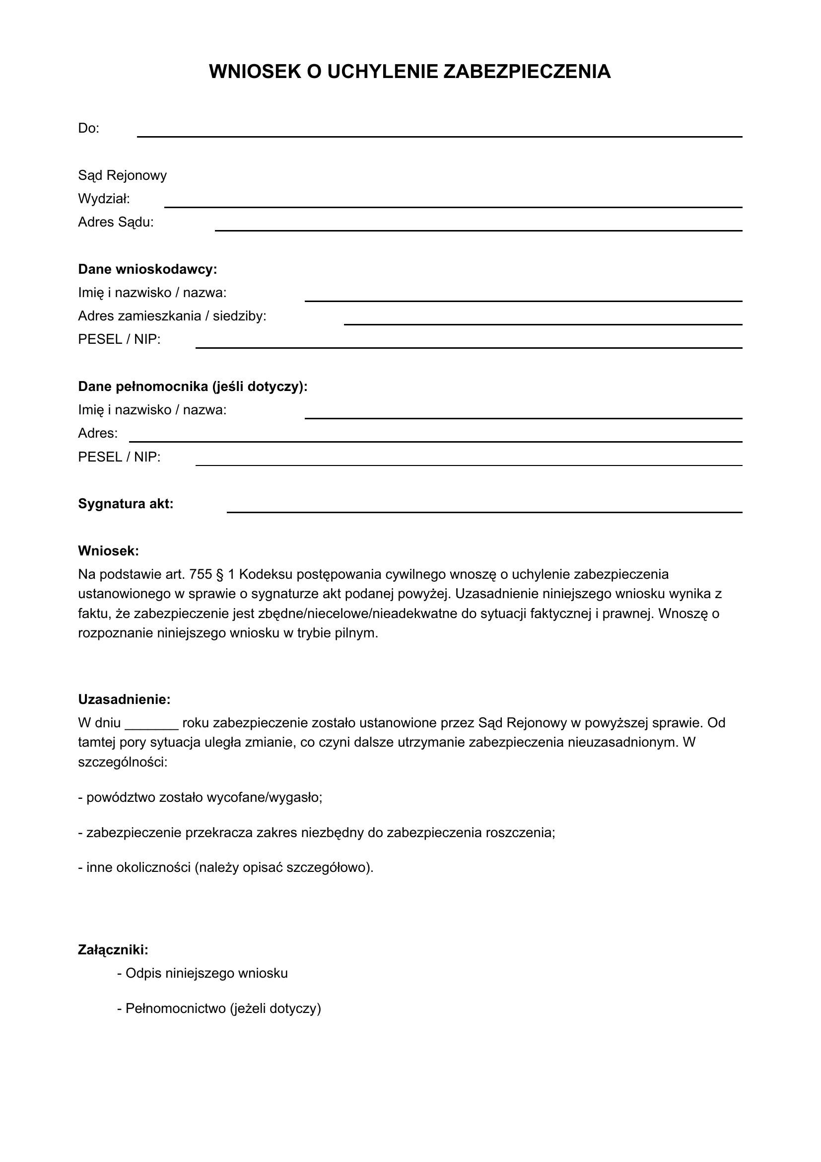Wniosek O Uchylenie Zabezpieczenia Wzór