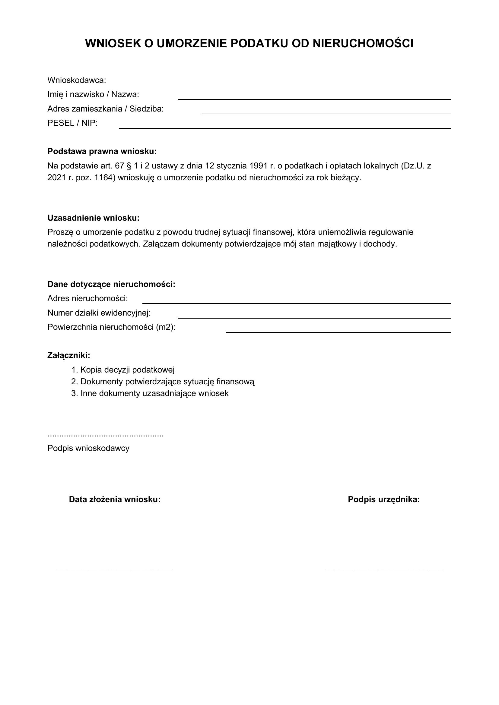 Wniosek O Umorzenie Podatku Od Nieruchomości Wzór