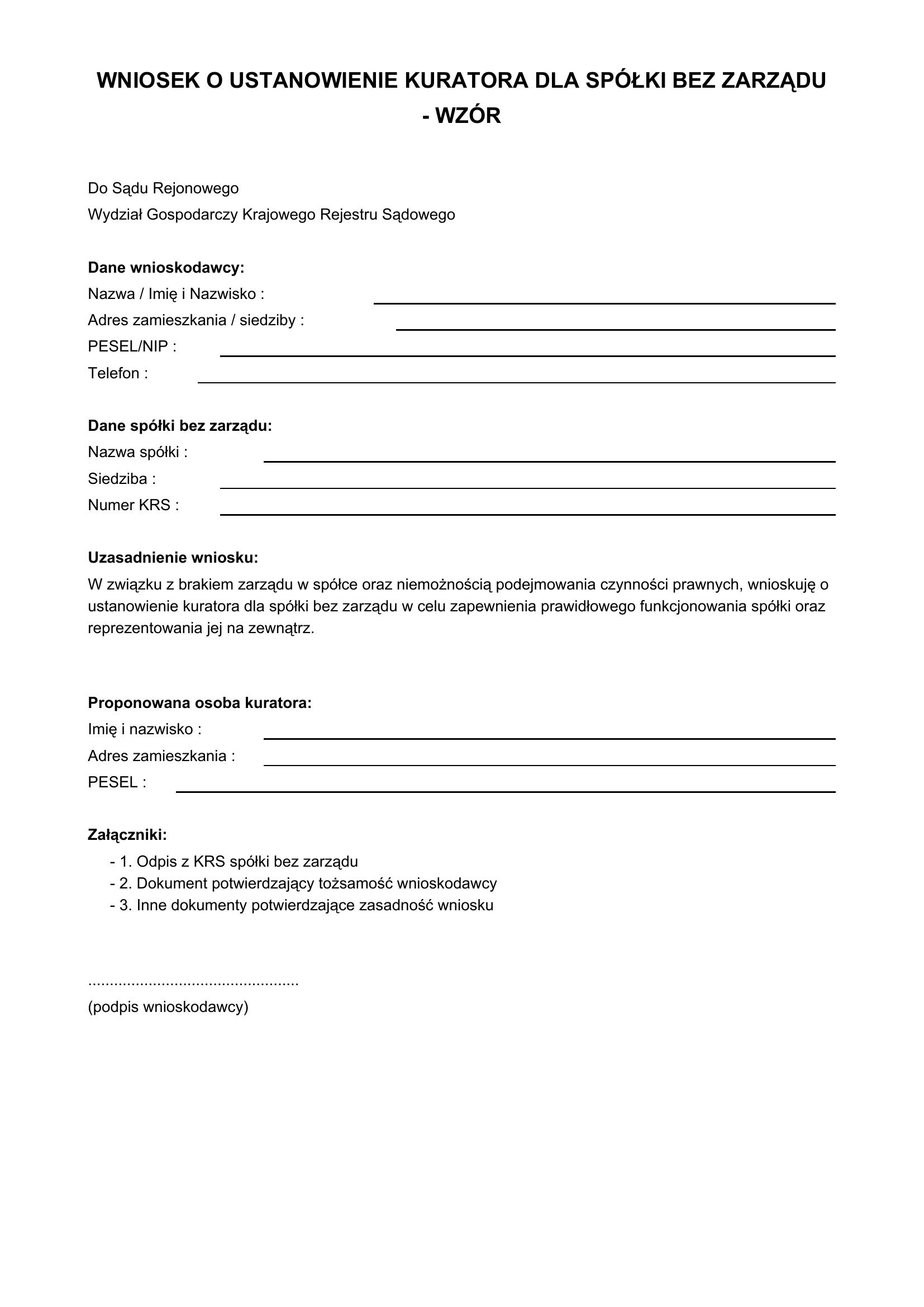 Wniosek O Ustanowienie Kuratora Dla Spółki Bez Zarządu Wzór
