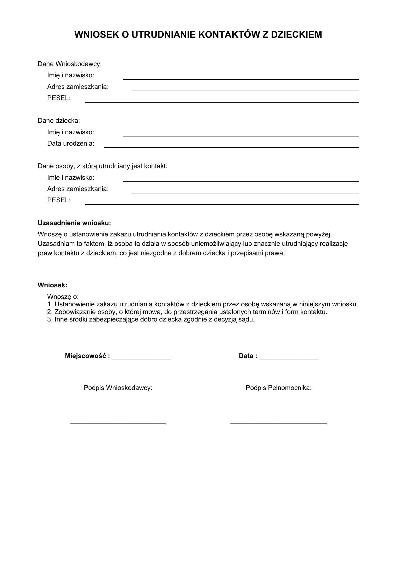 Wniosek O Utrudnianie Kontaktów Z Dzieckiem