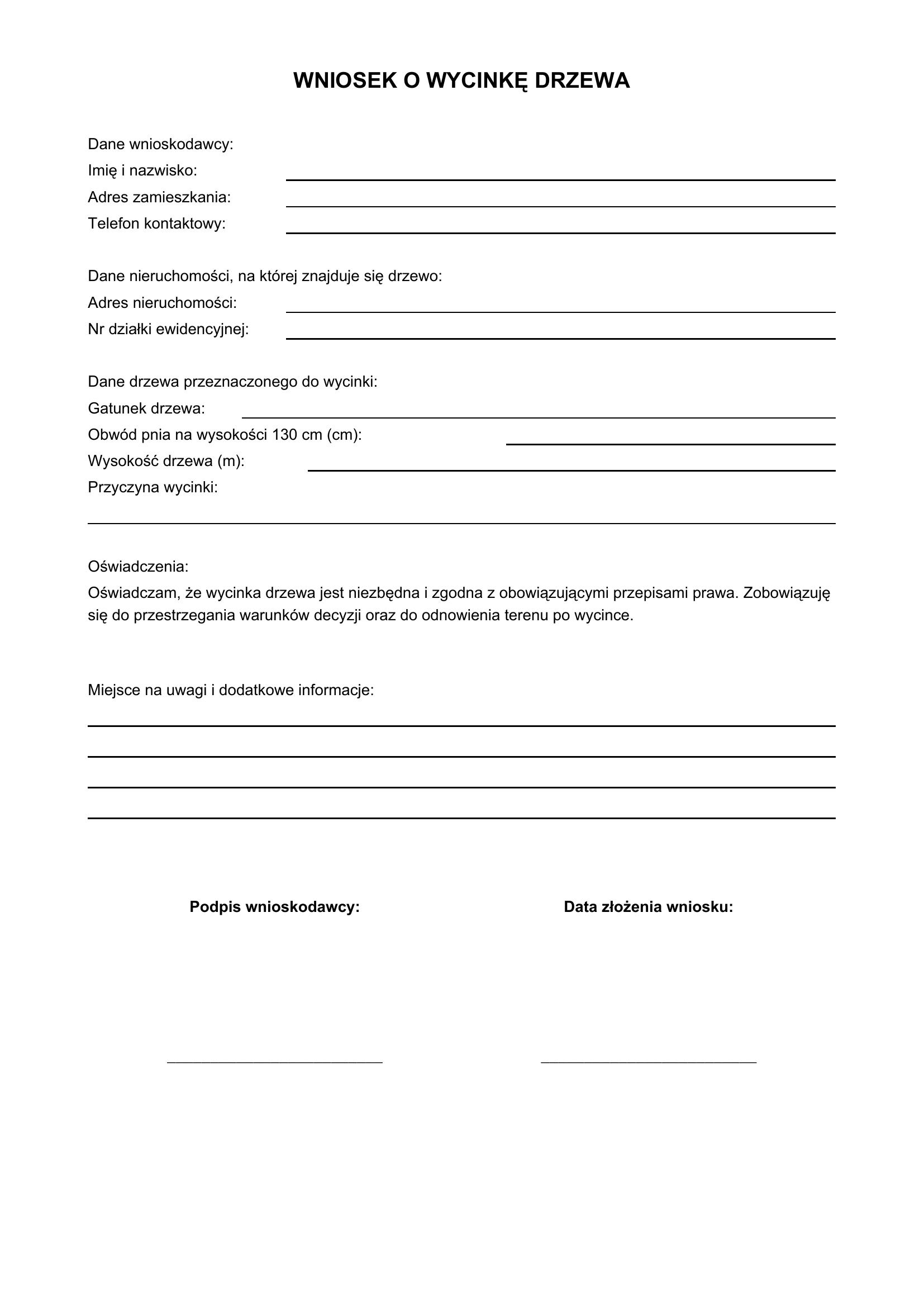 Wniosek O Wycinkę Drzewa Wzór