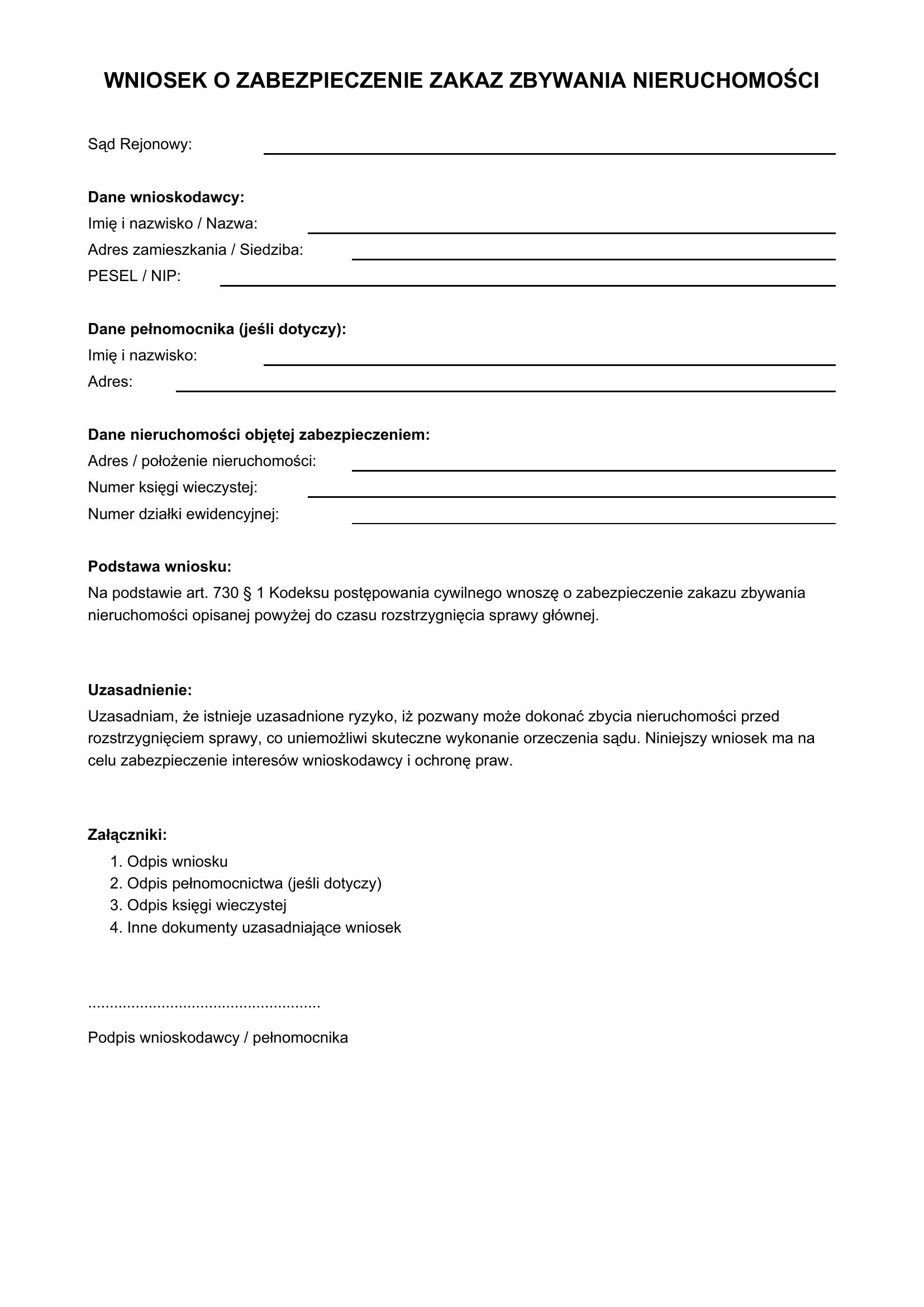 Wniosek O Zabezpieczenie Zakaz Zbywania Nieruchomości Wzór