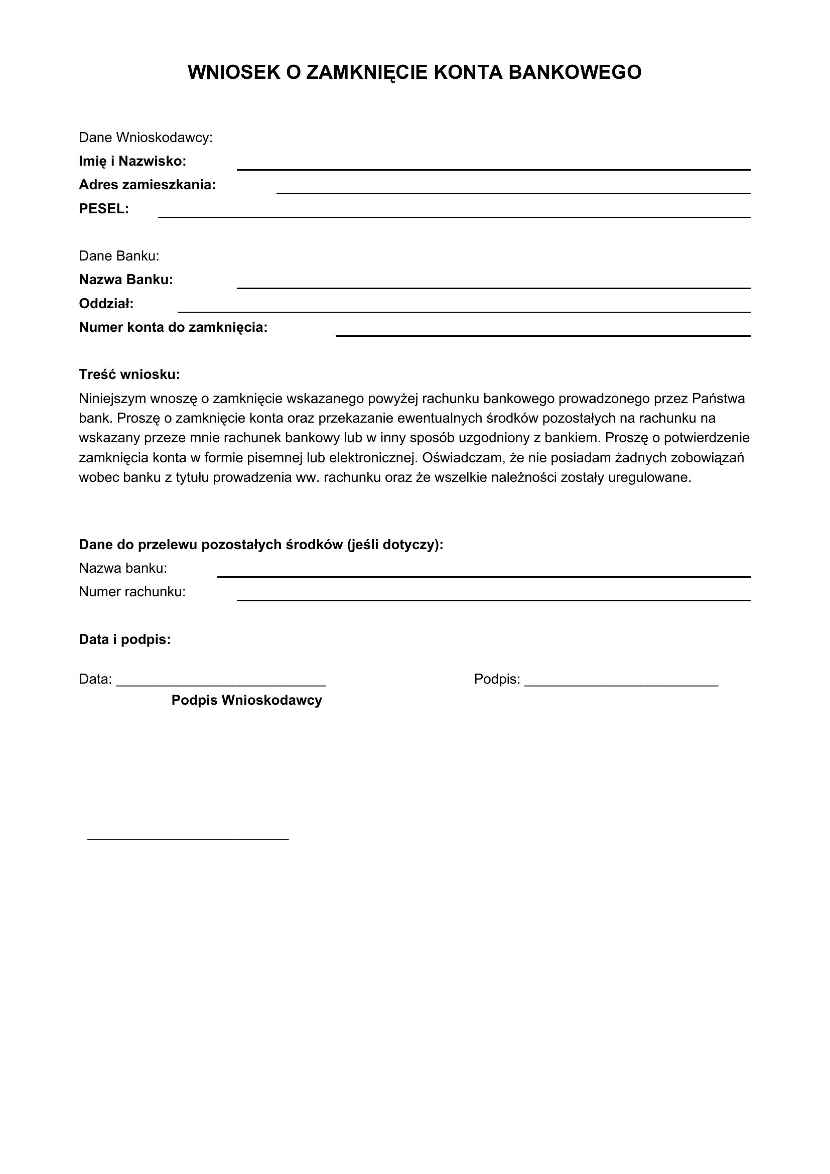 Wniosek O Zamknięcie Konta Bankowego Wzór