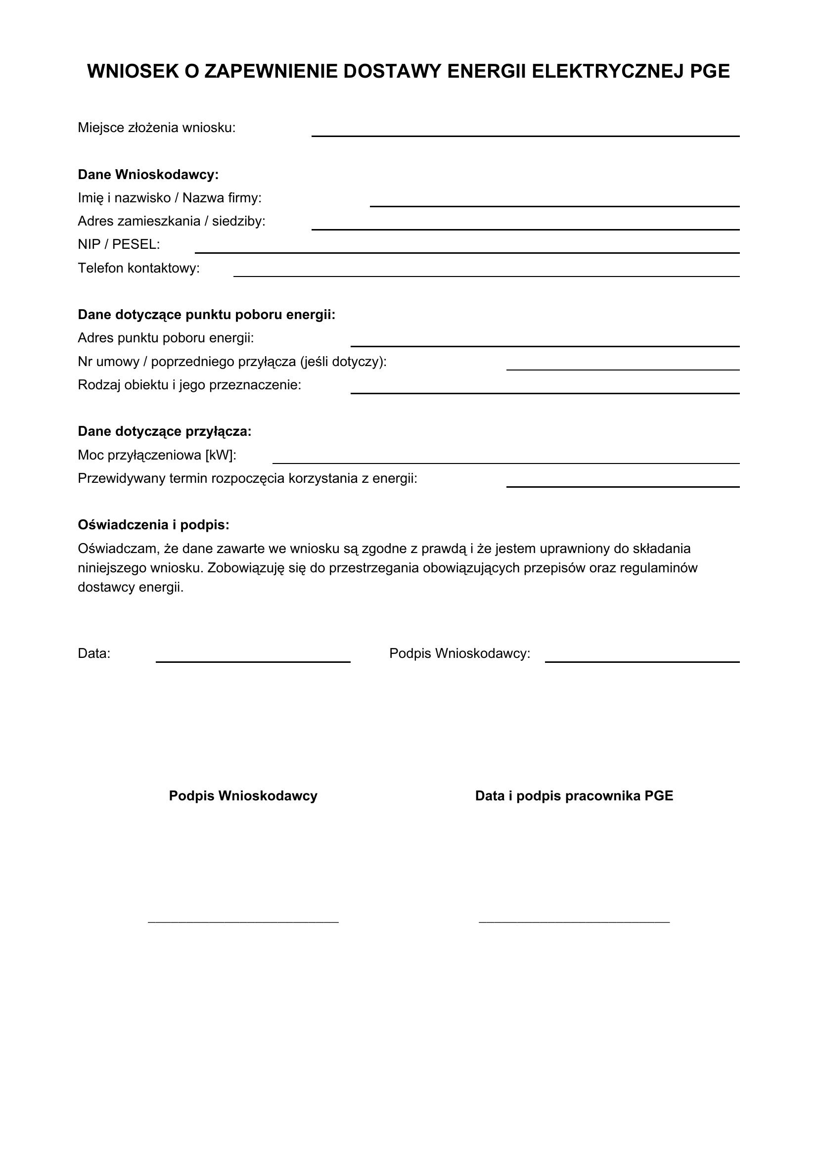Wniosek O Zapewnienie Dostawy Energii Elektrycznej Pge