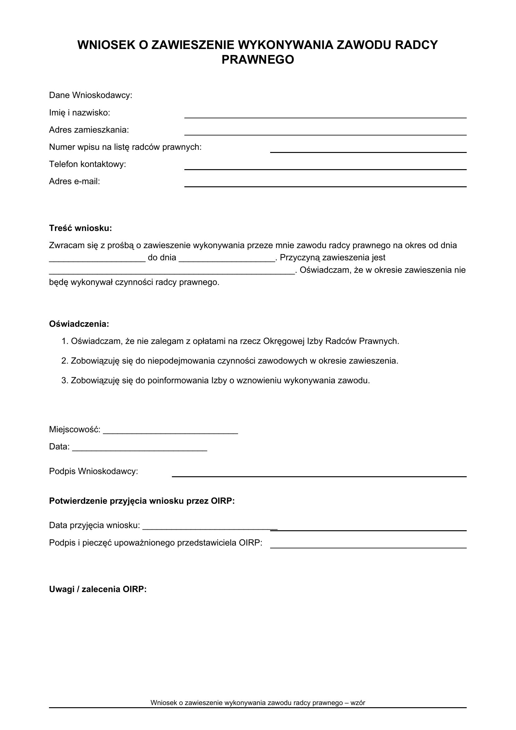 Wniosek O Zawieszenie Wykonywania Zawodu Radcy Prawnego Wzór