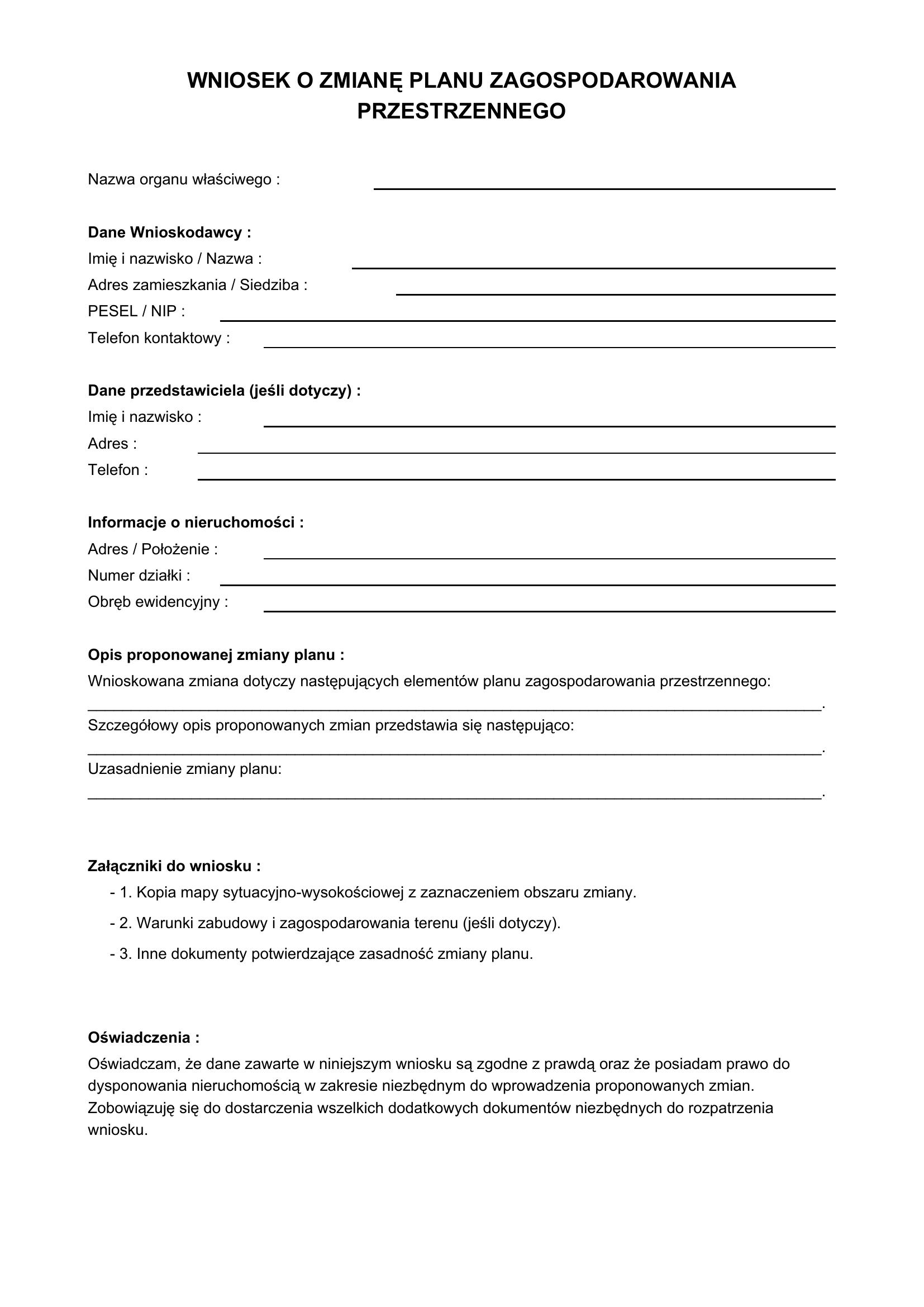 Wniosek O Zmianę Planu Zagospodarowania Przestrzennego Wzór