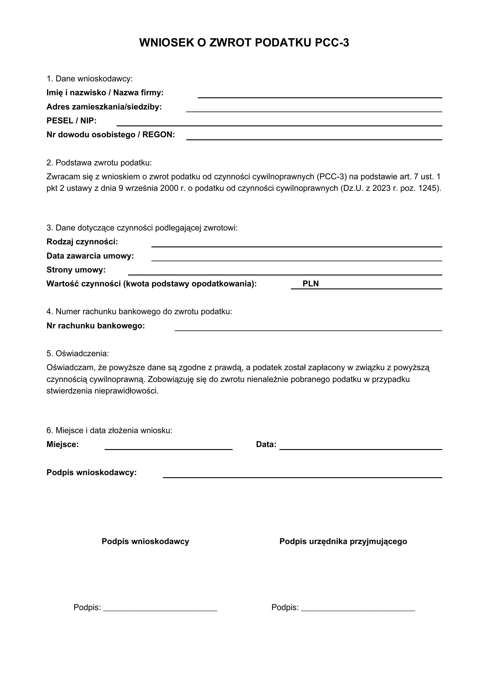 Wniosek O Zwrot Podatku Pcc-3 Wzór