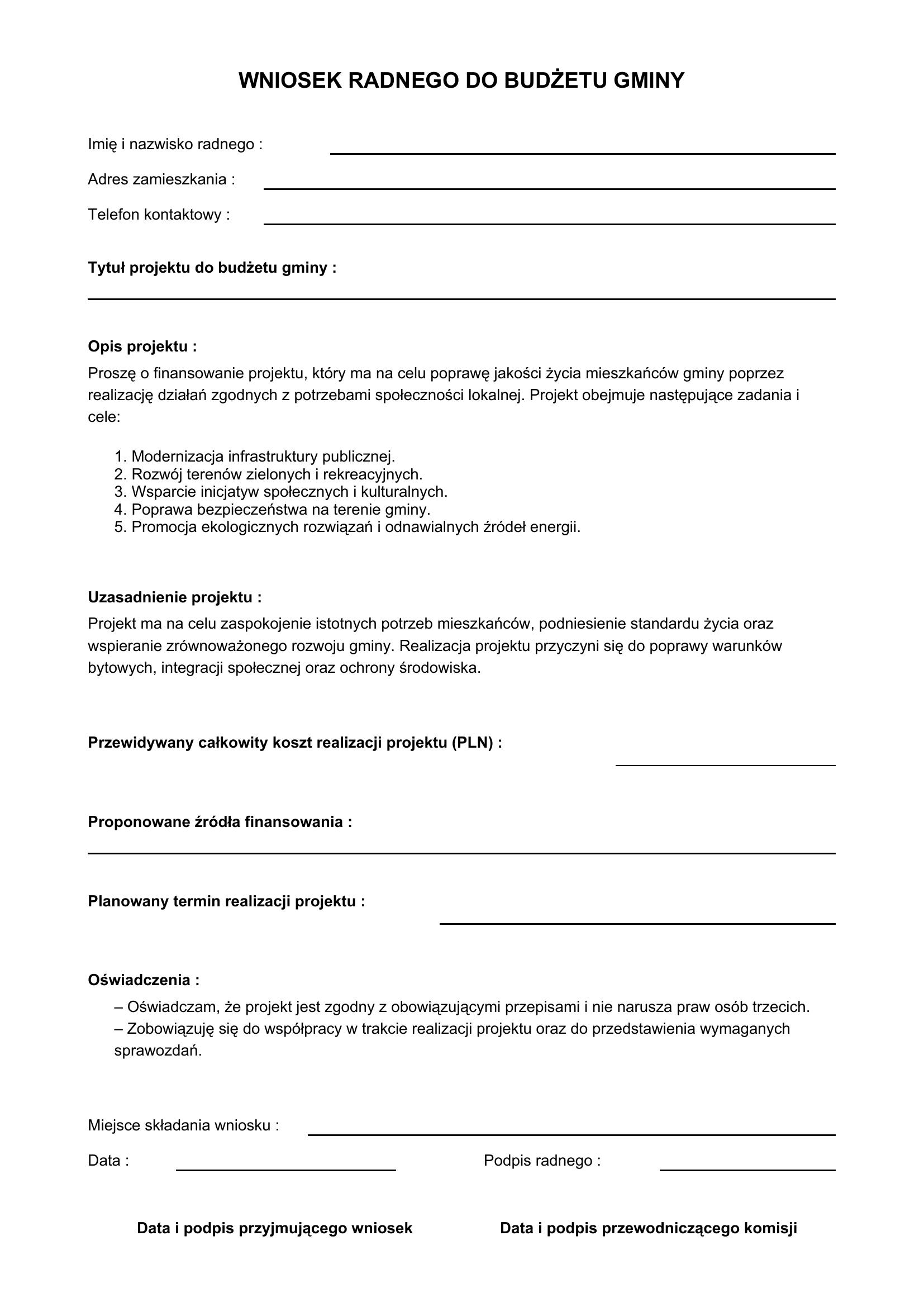 Wniosek Radnego Do Budżetu Gminy Wzór