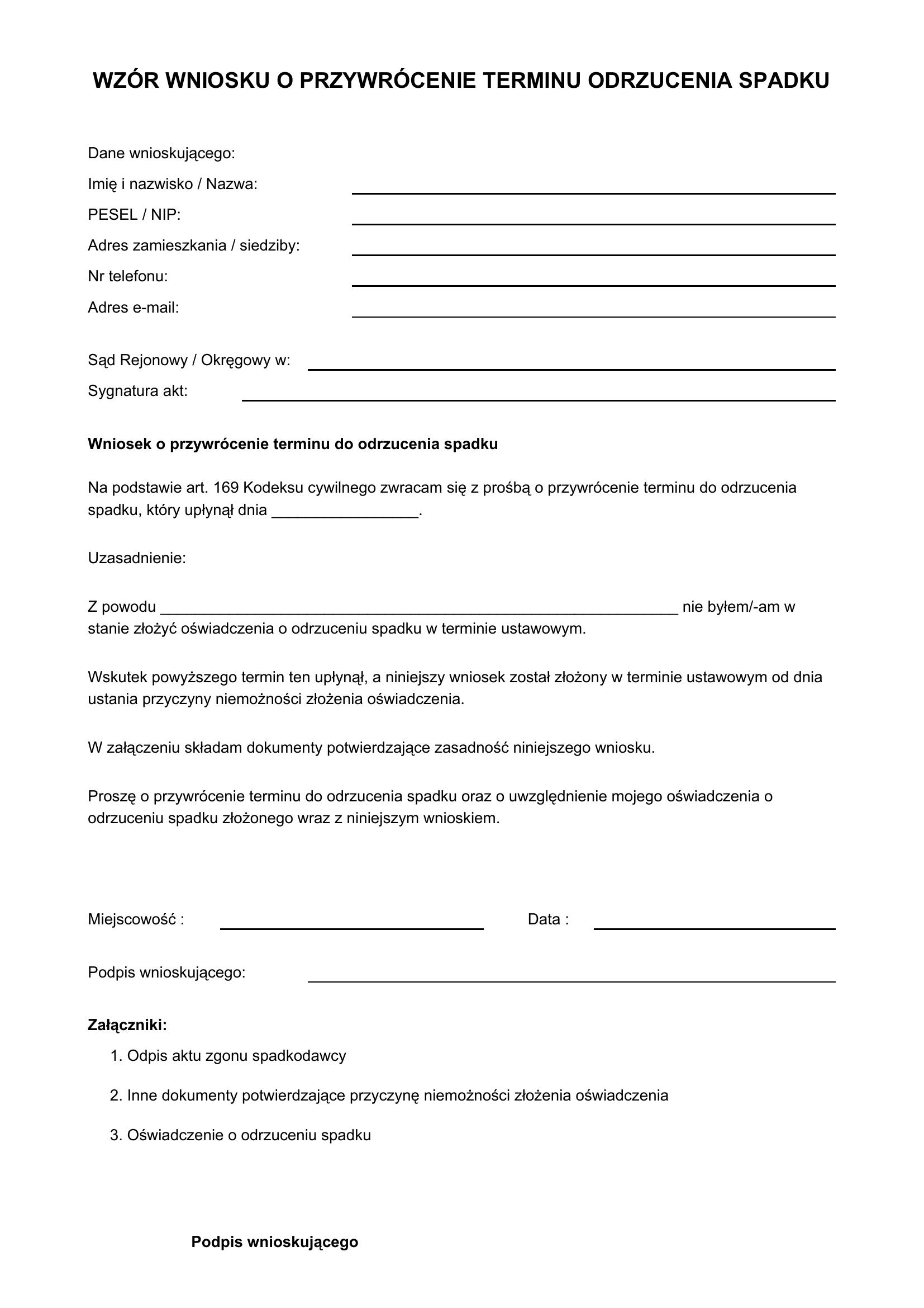 Wzór Wniosku O Przywrócenie Terminu Odrzucenia Spadku