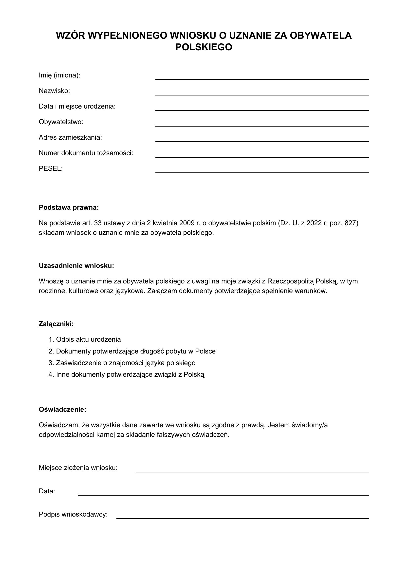 Wzór Wypełnionego Wniosku O Uznanie Za Obywatela Polskiego