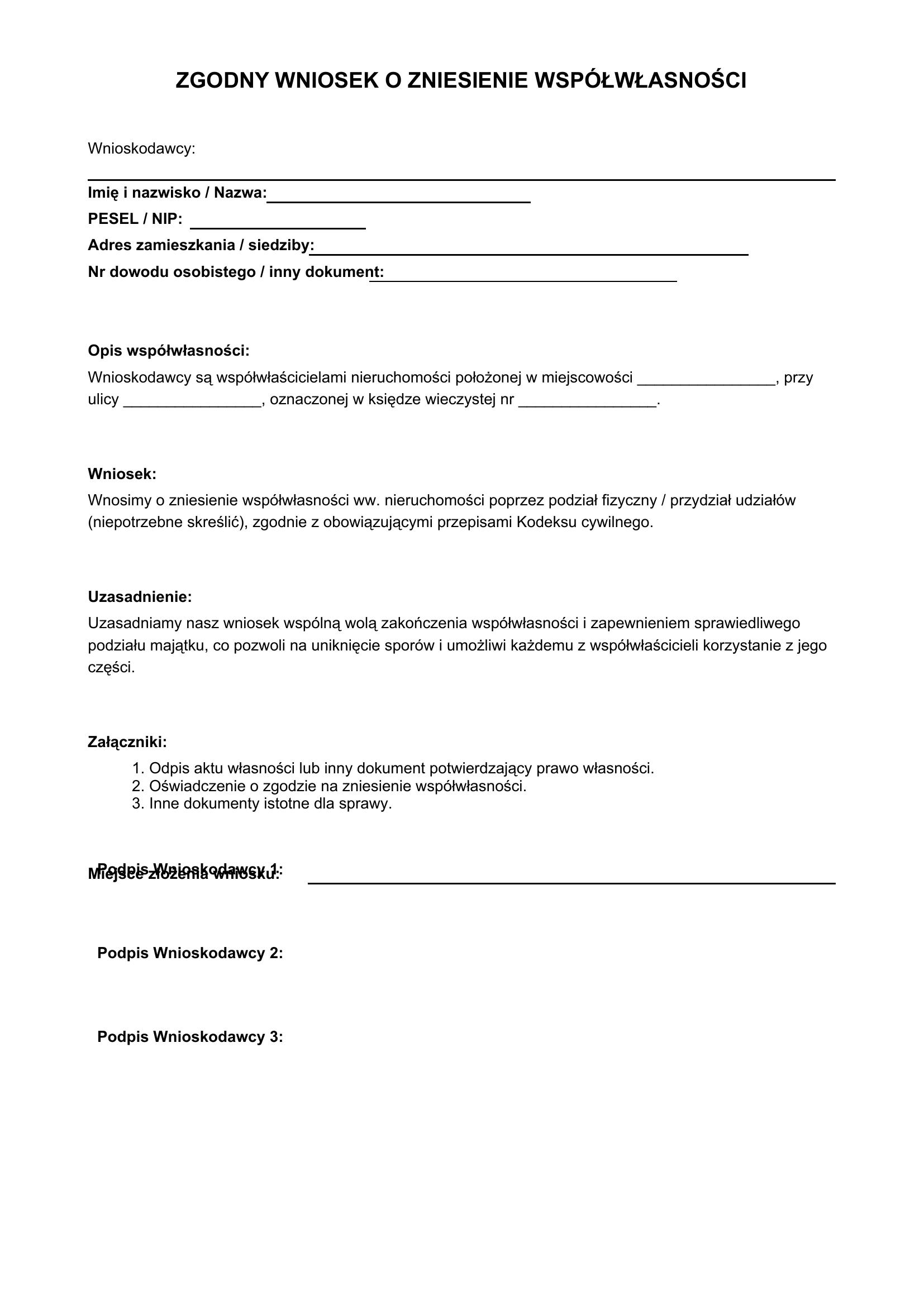 Zgodny Wniosek O Zniesienie Współwłasności Wzór